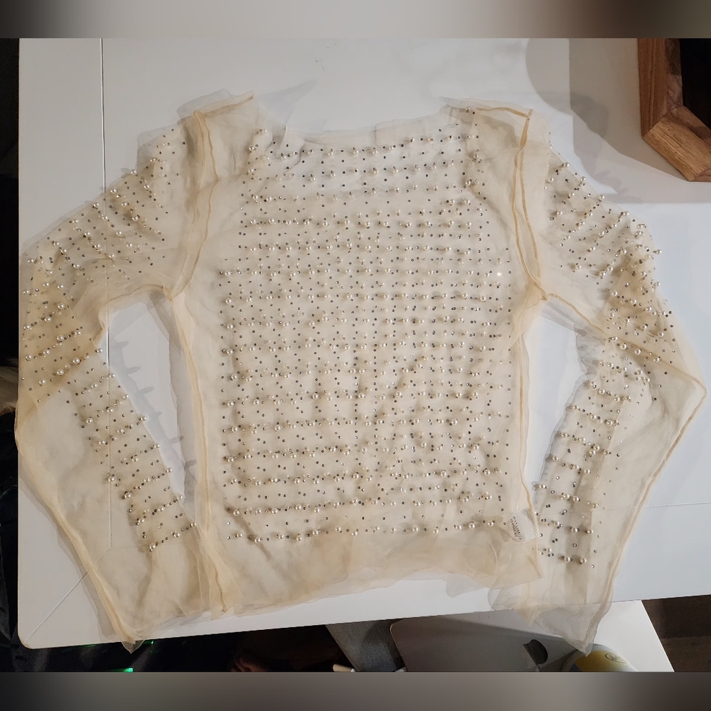 Pearl and rhinestone sheer top